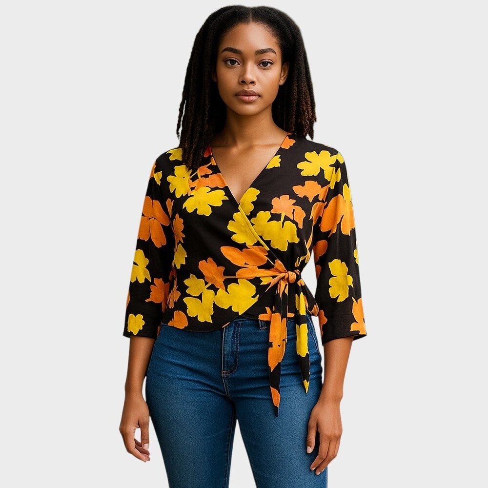 Topshop Women's 4 Black Yellow Floral Wrap V-Neck 3/4 Sleeve Blouse